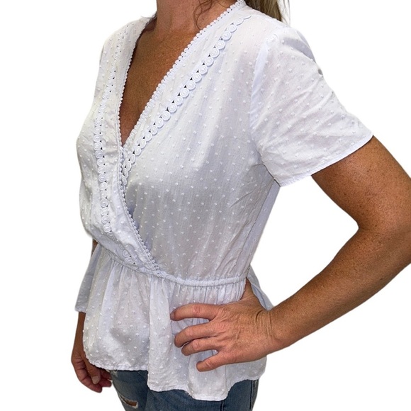 LOFT | Swiss Dot Blouse Embroidered Crochet Peplum Faux Wrap Light Blue … - Picture 4 of 9